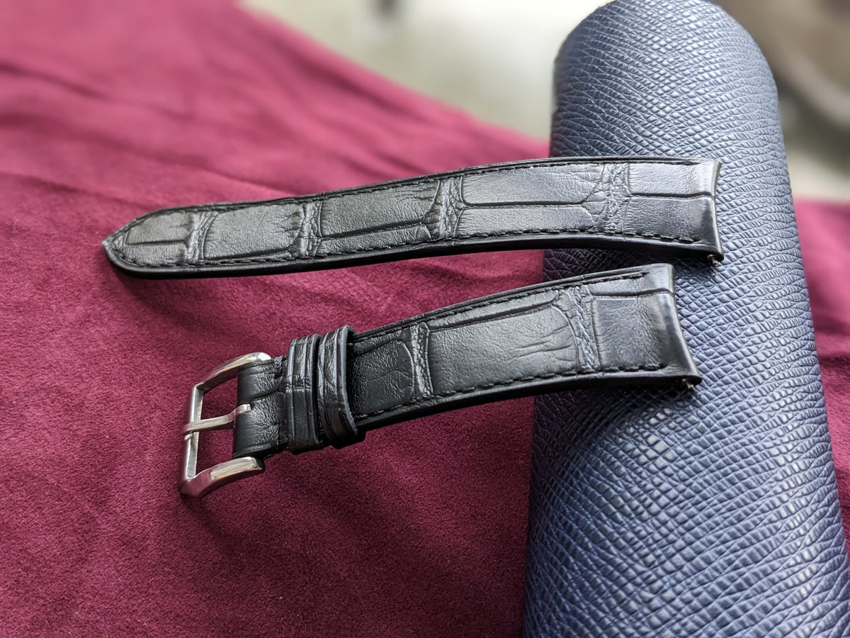 Curved Black Alligator Leather Watch Strap with Quick Release Size 18mm 24mm
