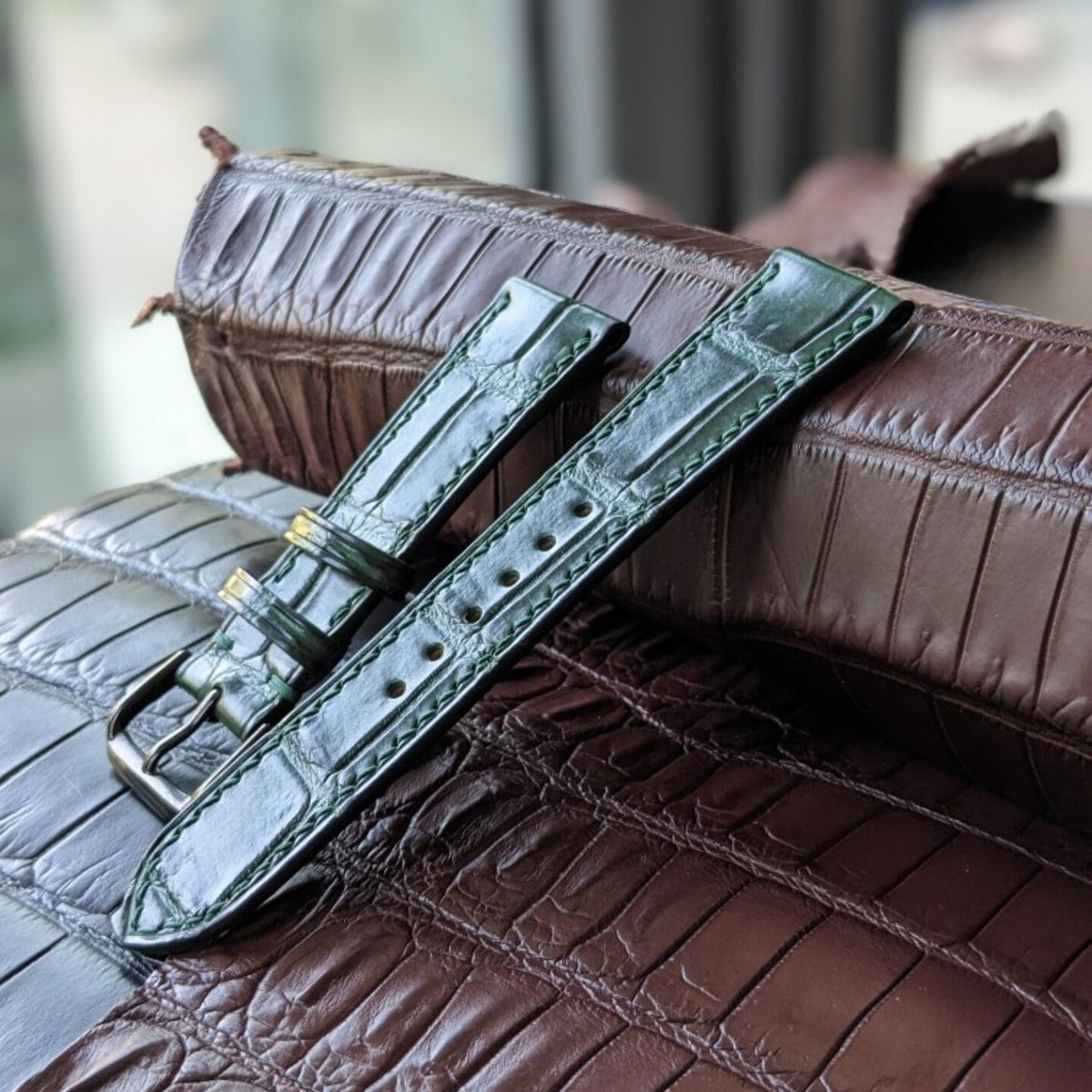 Green Alligator Leather Watch Strap – Handmade, 16–24mm