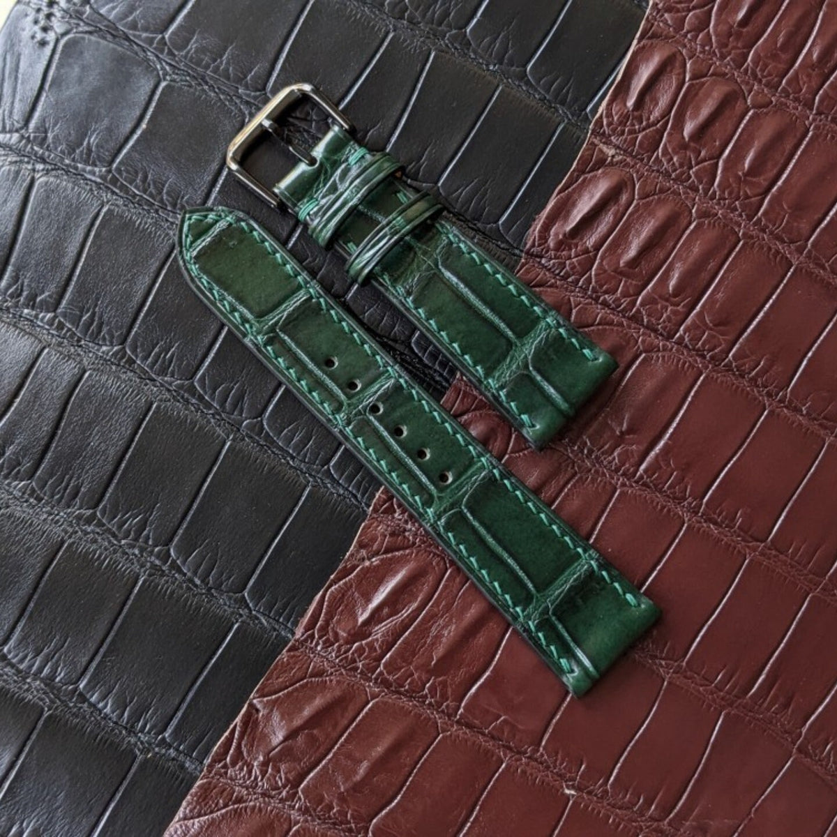 Green Alligator Leather Watch Strap – Handmade, 16–24mm