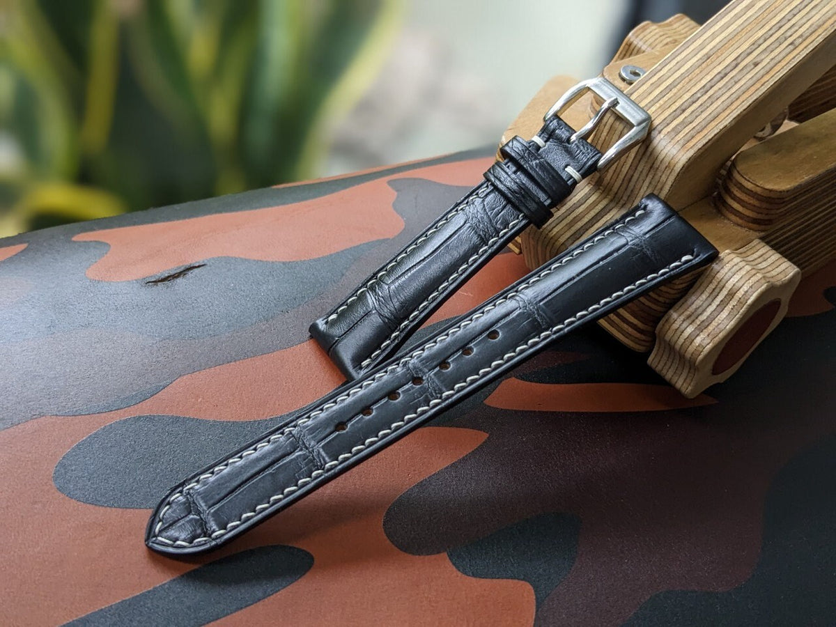 Matte Black Alligator Leather Watch Strap Sizes 18mm-24mm