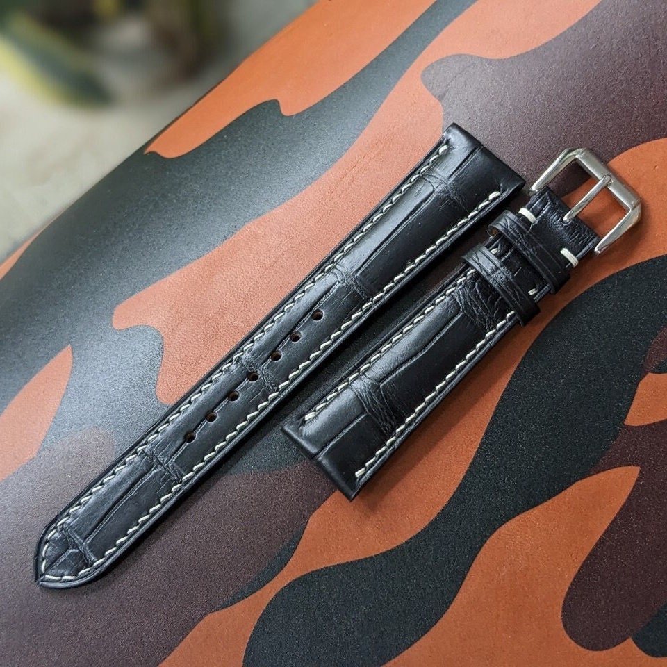 Matte Black Alligator Leather Watch Strap Sizes 18mm-24mm