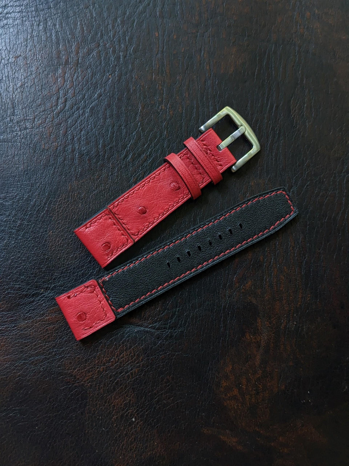 Red Ostrich Leather Watch Strap: Handmade Band (18mm-24mm)
