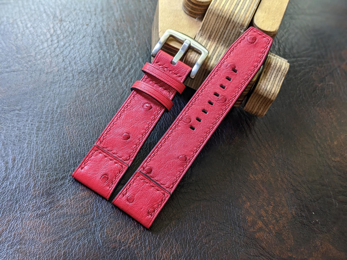 Red Ostrich Leather Watch Strap: Handmade Band (18mm-24mm)