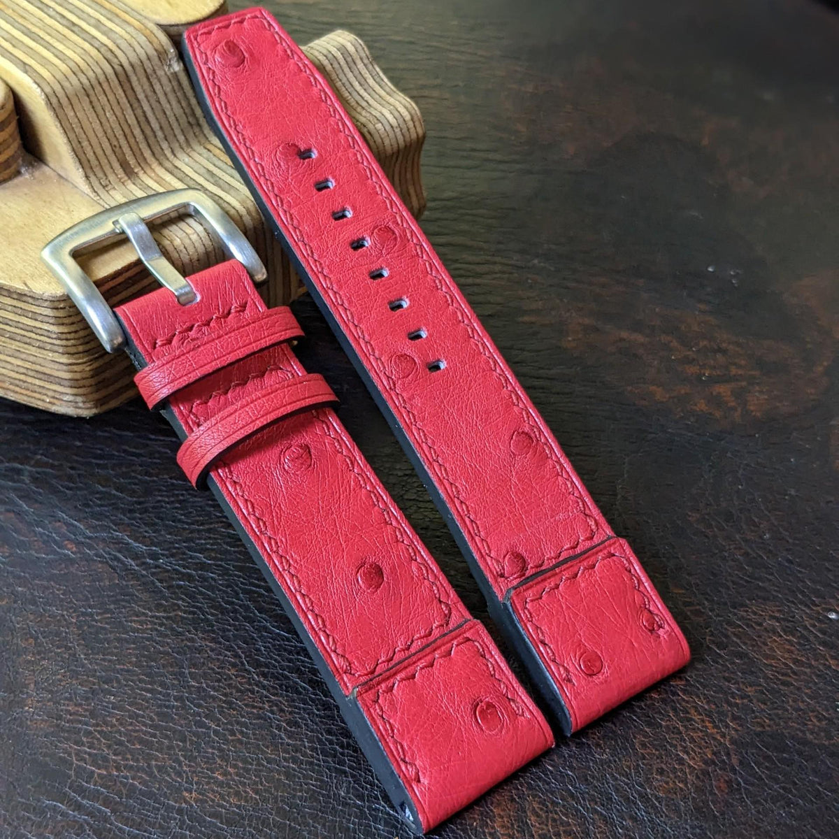 Red Ostrich Leather Watch Strap: Handmade Band (18mm-24mm)