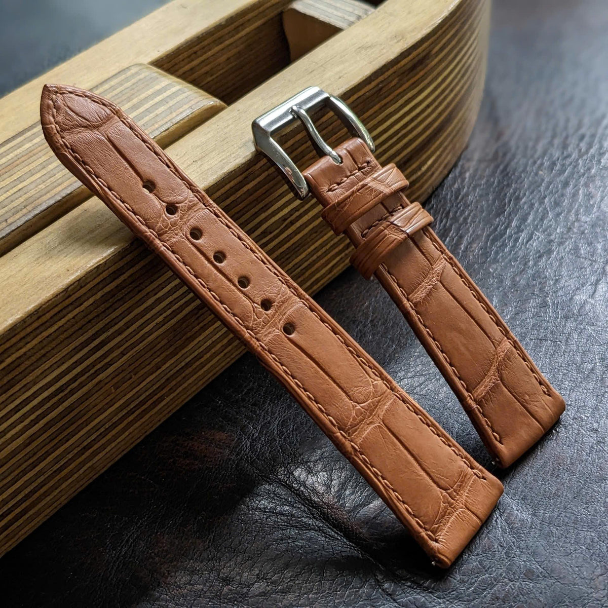 Rolled Edge Brown Alligator Leather Watch Strap size 18mm-24mm