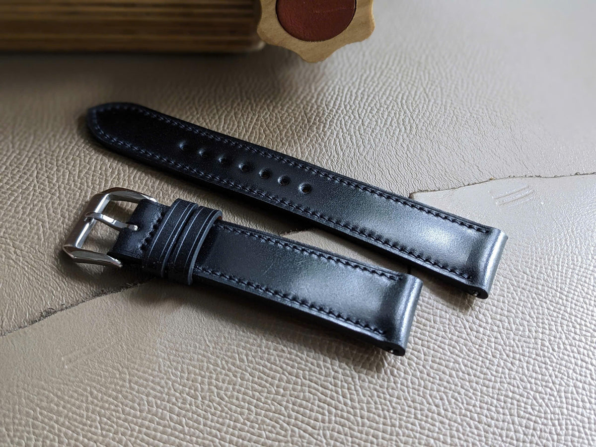 Shell Cordovan Watch Strap – Black Shinki Hakiku Handmade Leather Band