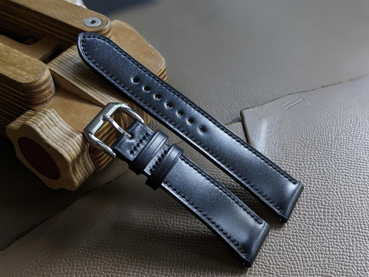 Shell Cordovan Watch Strap – Black Shinki Hakiku Handmade Leather Band