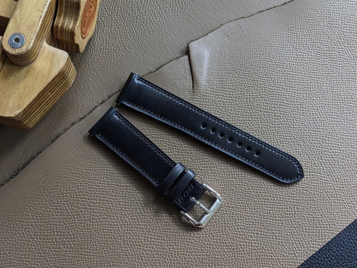 Shell Cordovan Watch Strap – Black Shinki Hakiku Handmade Leather Band