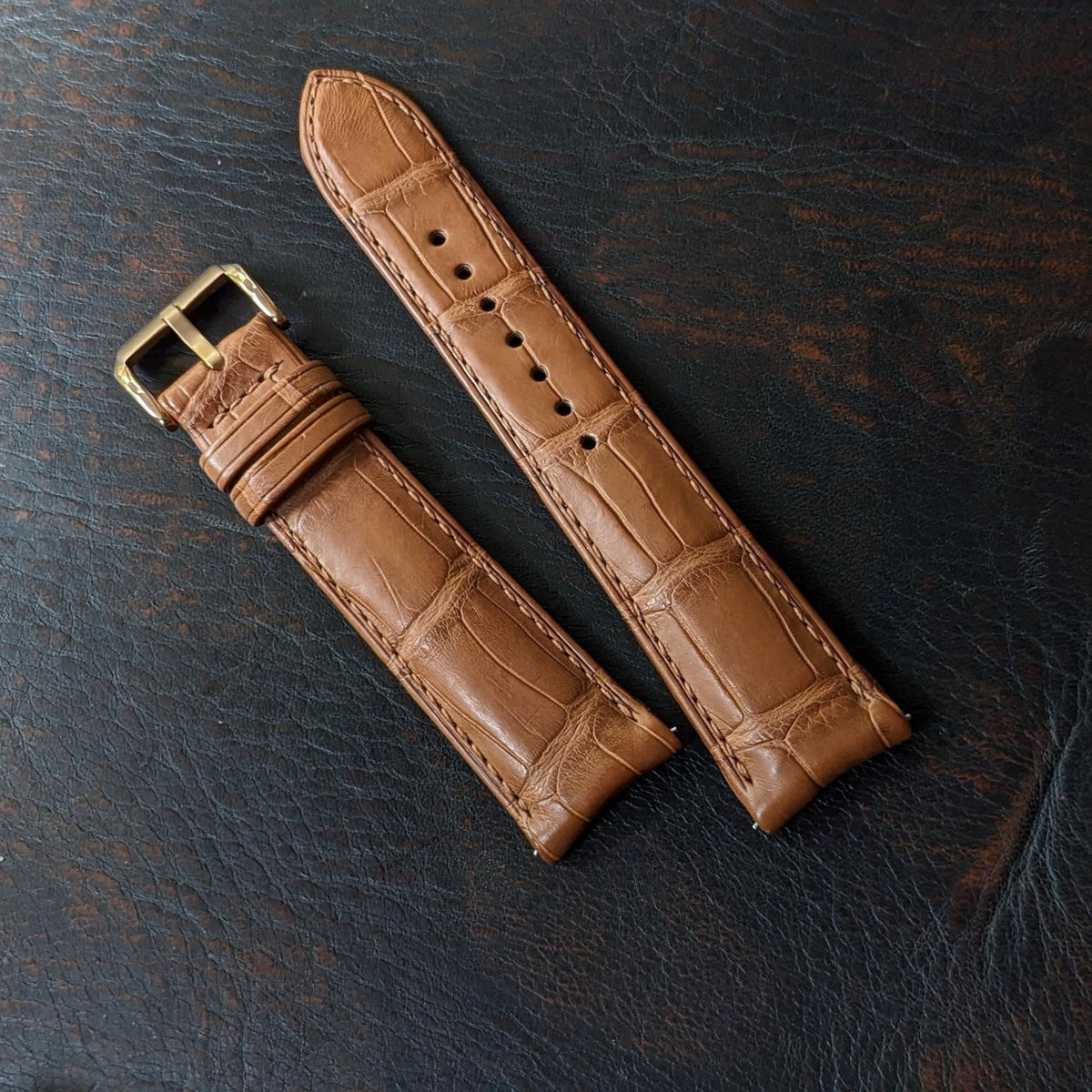 Curved Lug Rolled Edge Alligator Watch Strap | Tan Brown Handcrafted Leather Band