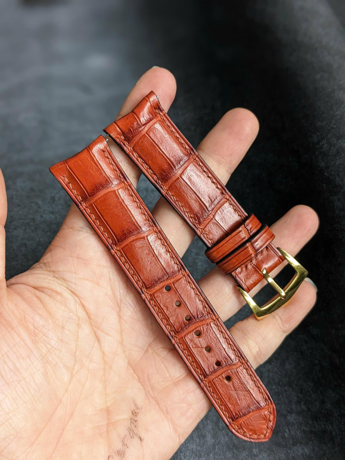 Curved End Alligator Watch Strap | Cognac Handcrafted Leather Band