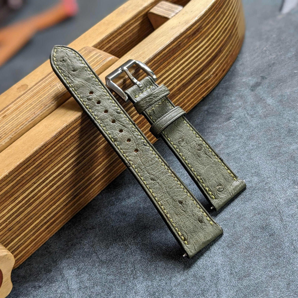 Olive Ostrich Leather Watch Strap – Quick Release | Handmade | 18mm to 24mm
