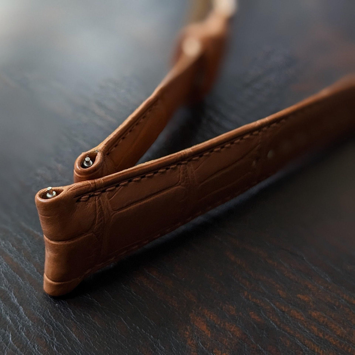 Curved Lug Rolled Edge Alligator Watch Strap | Tan Brown Handcrafted Leather Band