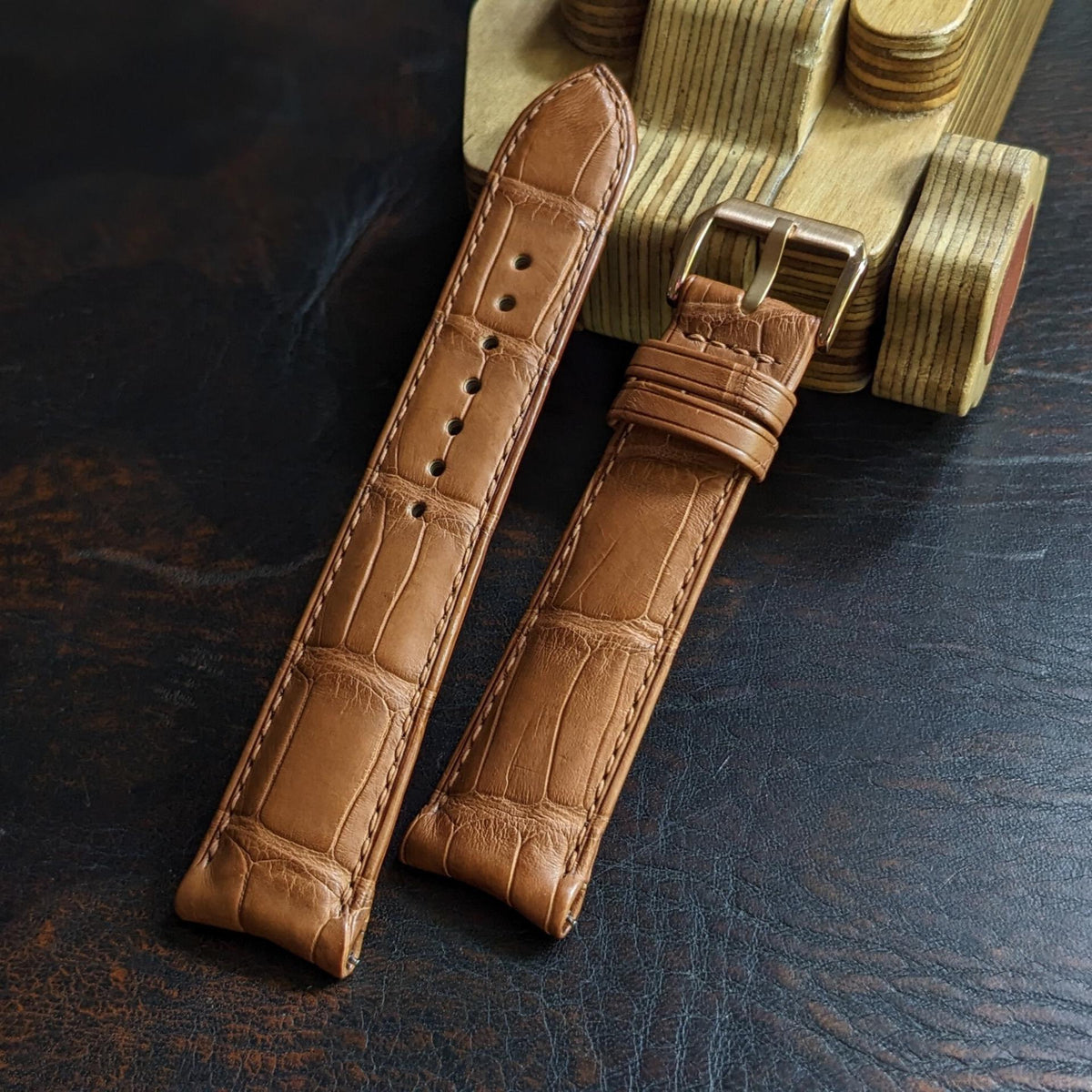 Curved Lug Rolled Edge Alligator Watch Strap | Tan Brown Handcrafted Leather Band
