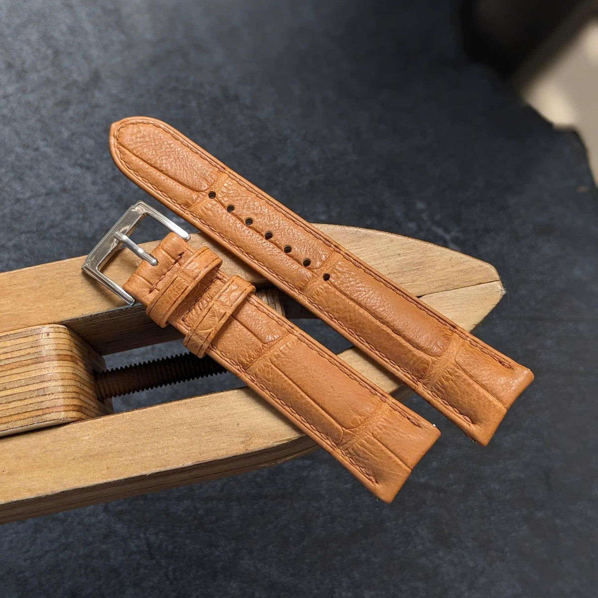 Rolled Edge Alligator Watch Strap | Tan Brown Handcrafted Leather Band