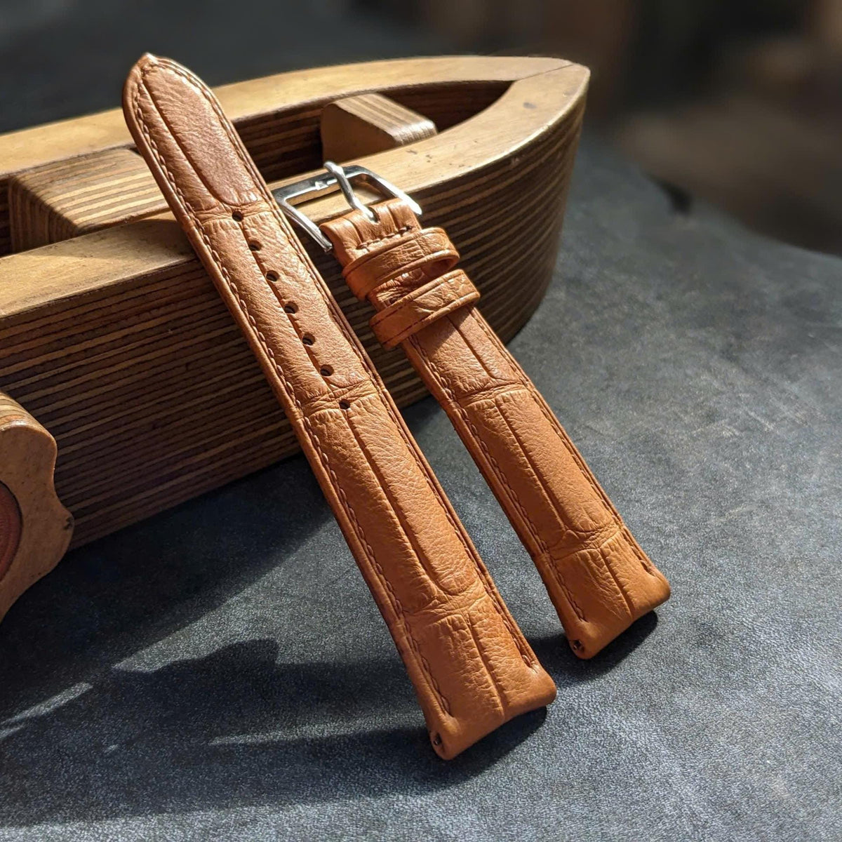 Rolled Edge Alligator Watch Strap | Tan Brown Handcrafted Leather Band