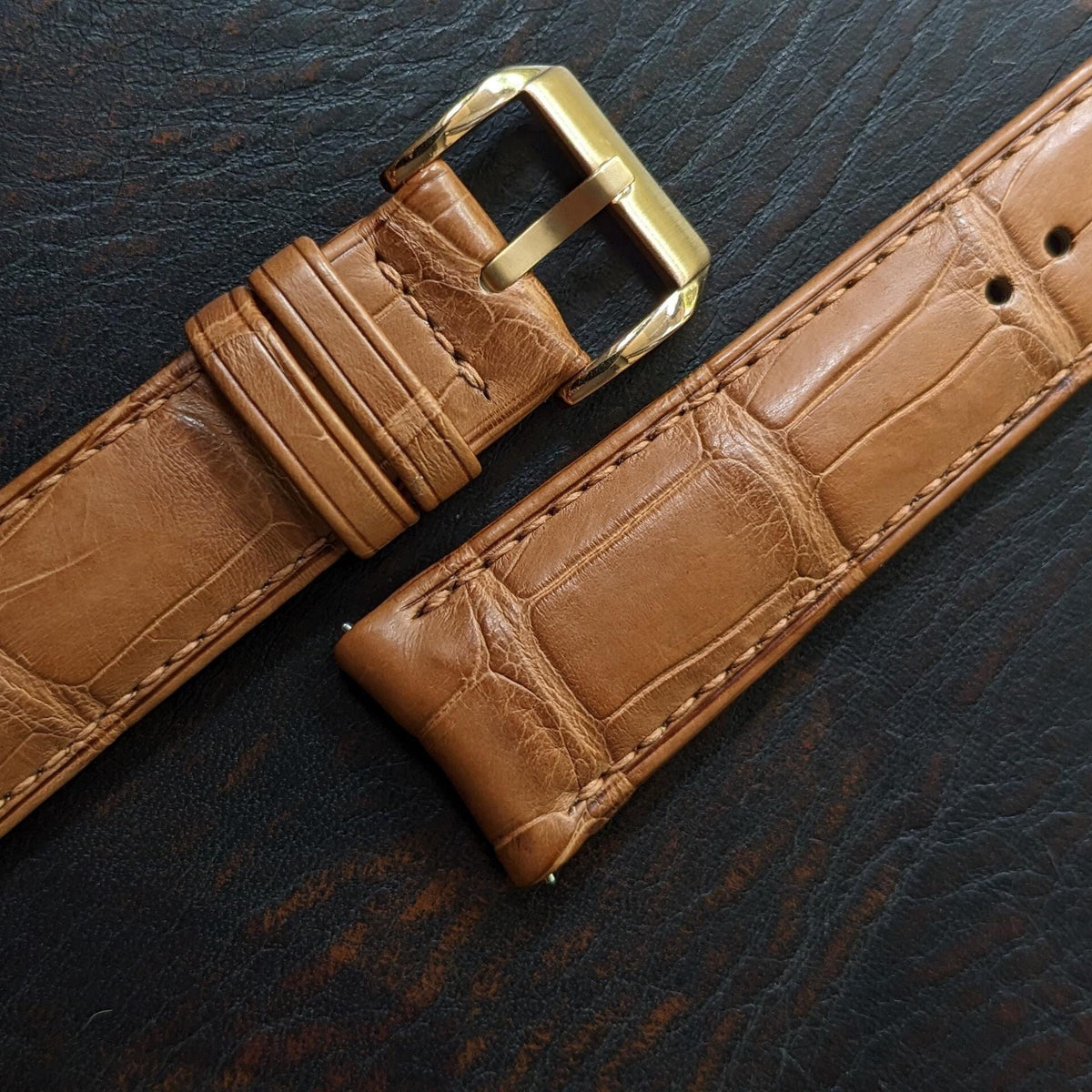 Curved Lug Rolled Edge Alligator Watch Strap | Tan Brown Handcrafted Leather Band