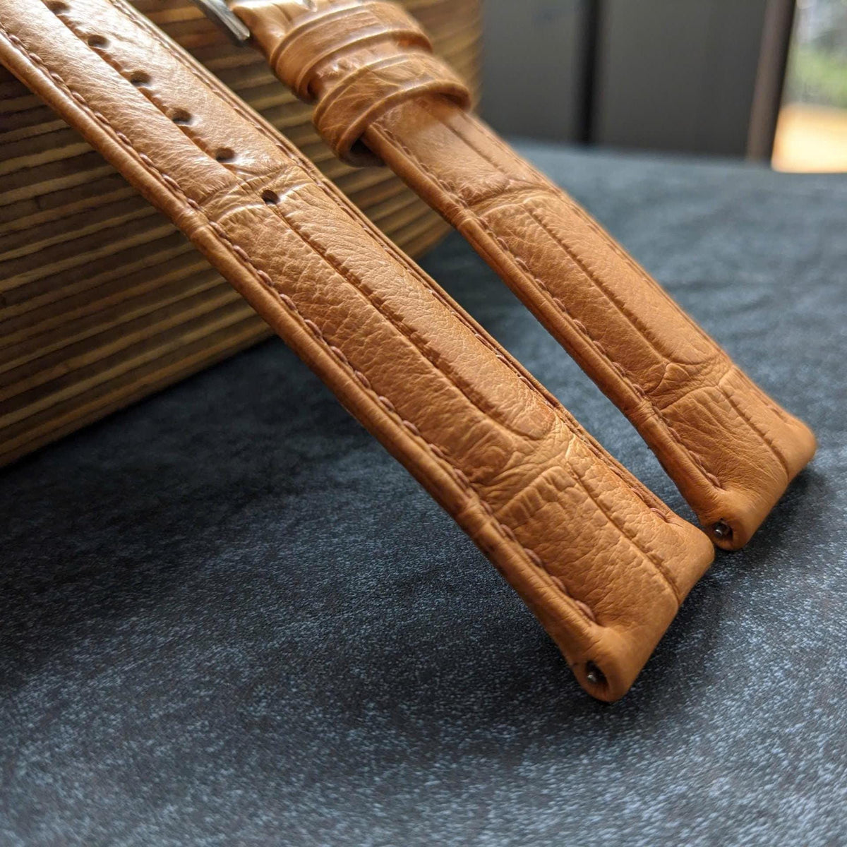 Rolled Edge Alligator Watch Strap | Tan Brown Handcrafted Leather Band