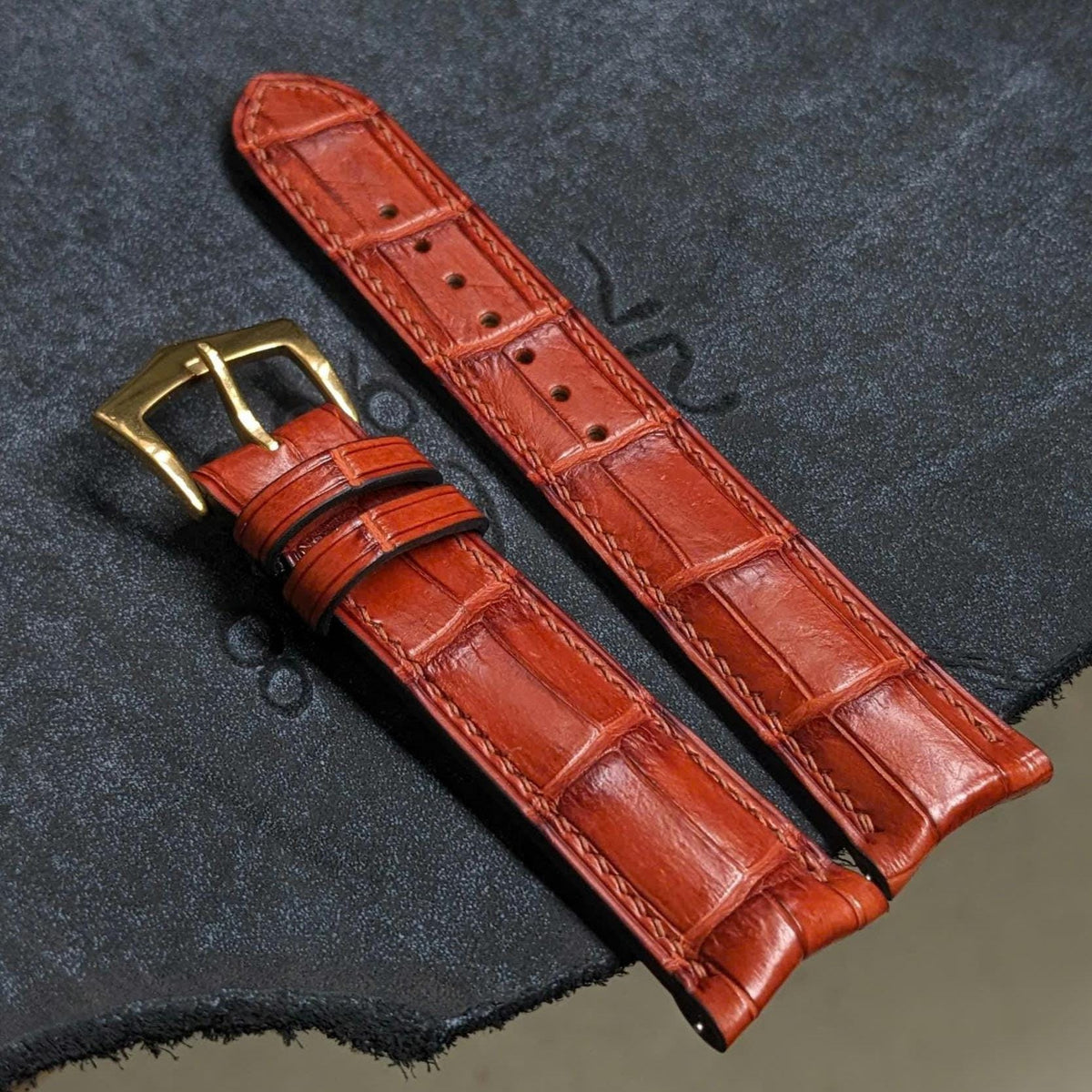 Curved End Alligator Watch Strap | Cognac Handcrafted Leather Band