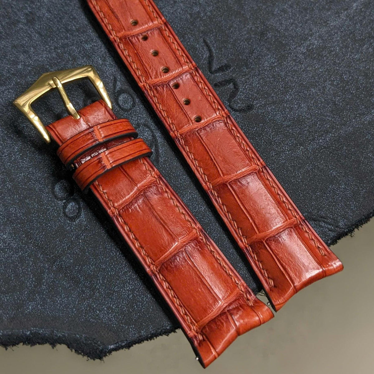 Curved End Alligator Watch Strap | Cognac Handcrafted Leather Band