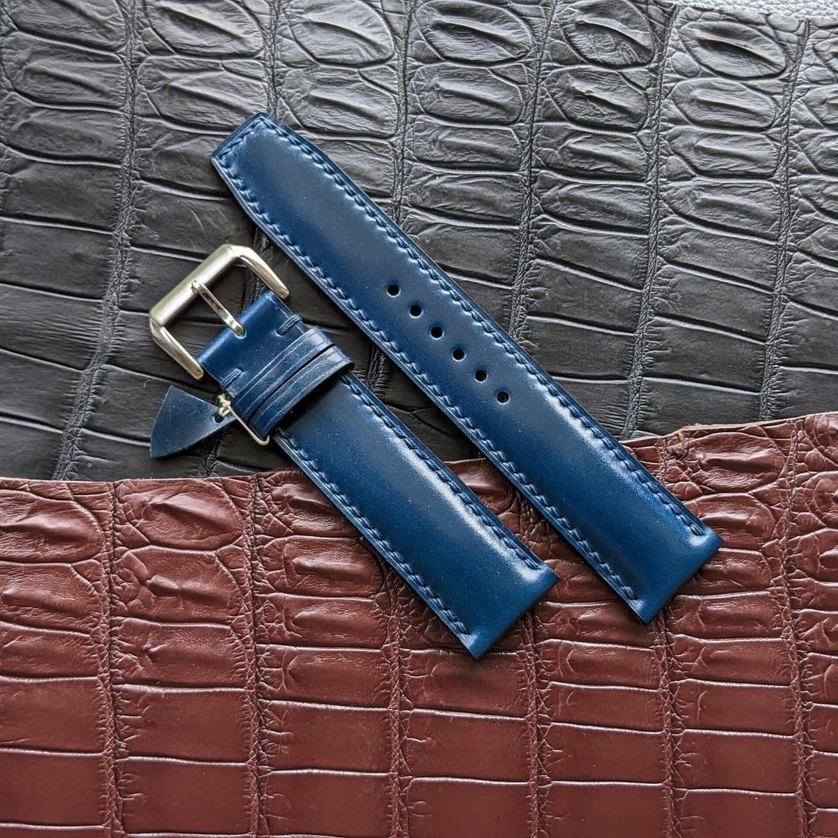 Shell Cordovan Watch Strap – Blue Handmade Leather Band