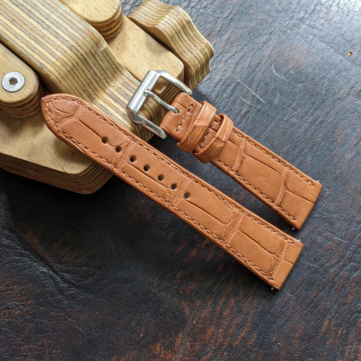 Rolled Edge Brown Alligator Leather Watch Strap size 18mm-24mm