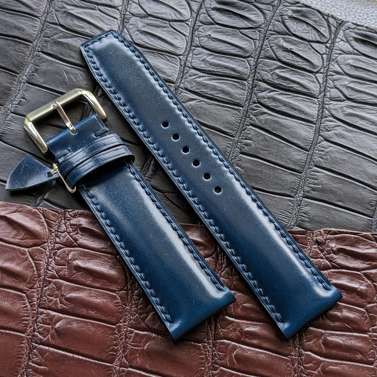 Shell Cordovan Watch Strap – Blue Handmade Leather Band