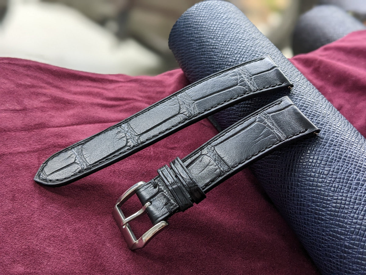 Curved Black Alligator Leather Watch Strap with Quick Release Size 18mm 24mm