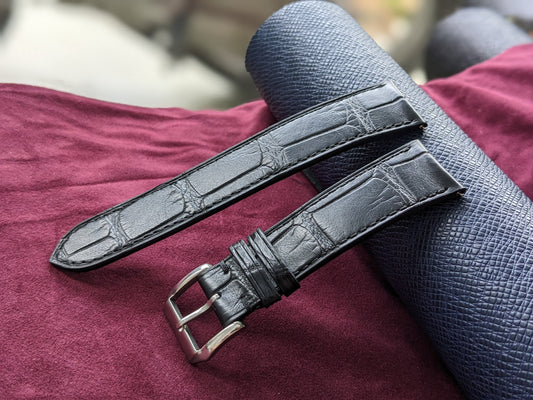 Curved Black Alligator Leather Watch Strap with Quick Release Size 18mm 24mm