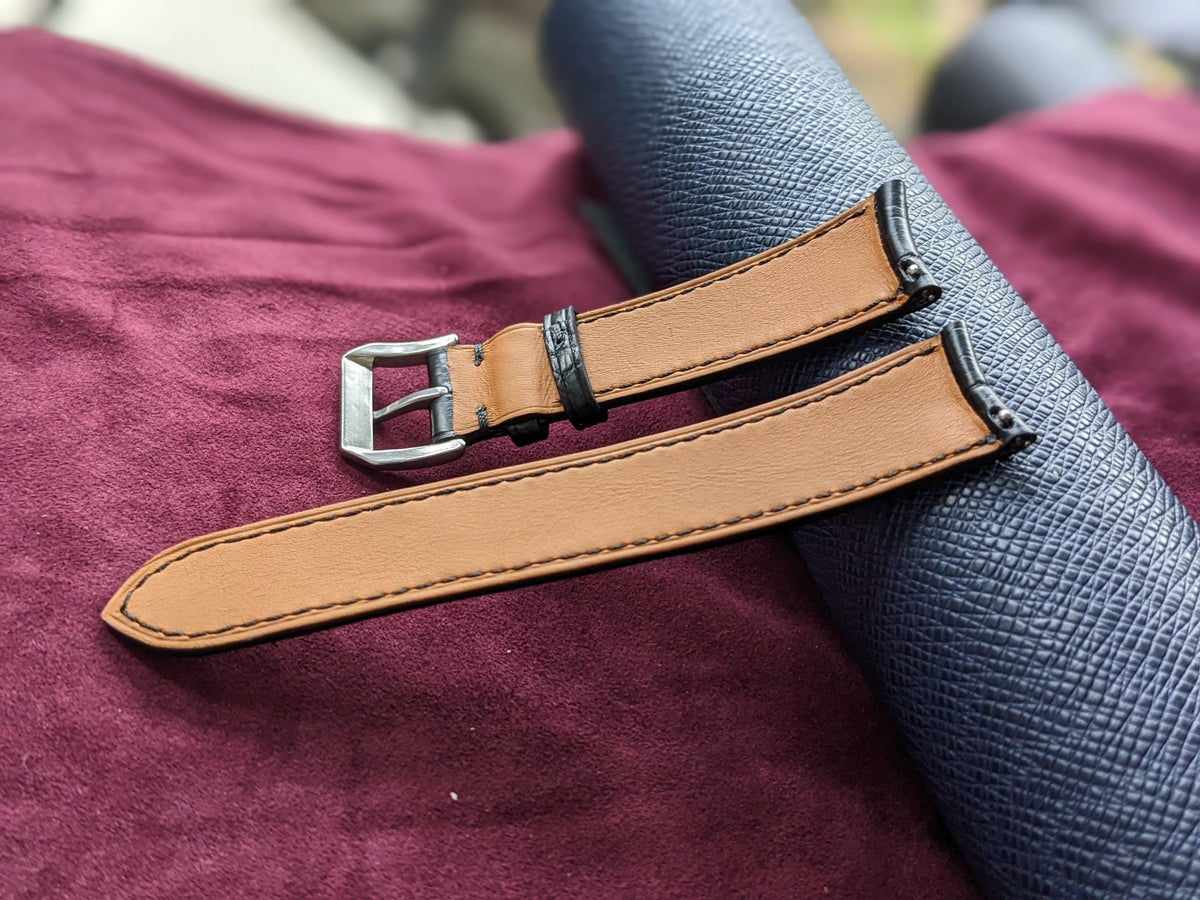 Curved Black Alligator Leather Watch Strap with Quick Release Size 18mm 24mm