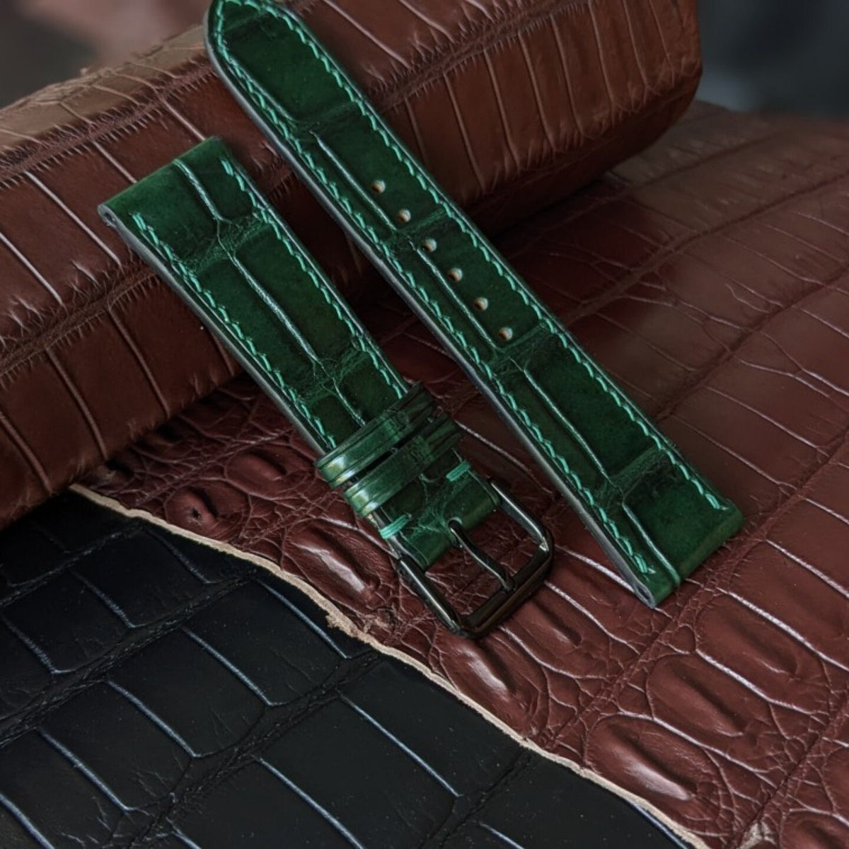 Green Alligator Leather Watch Strap – Handmade, 16–24mm