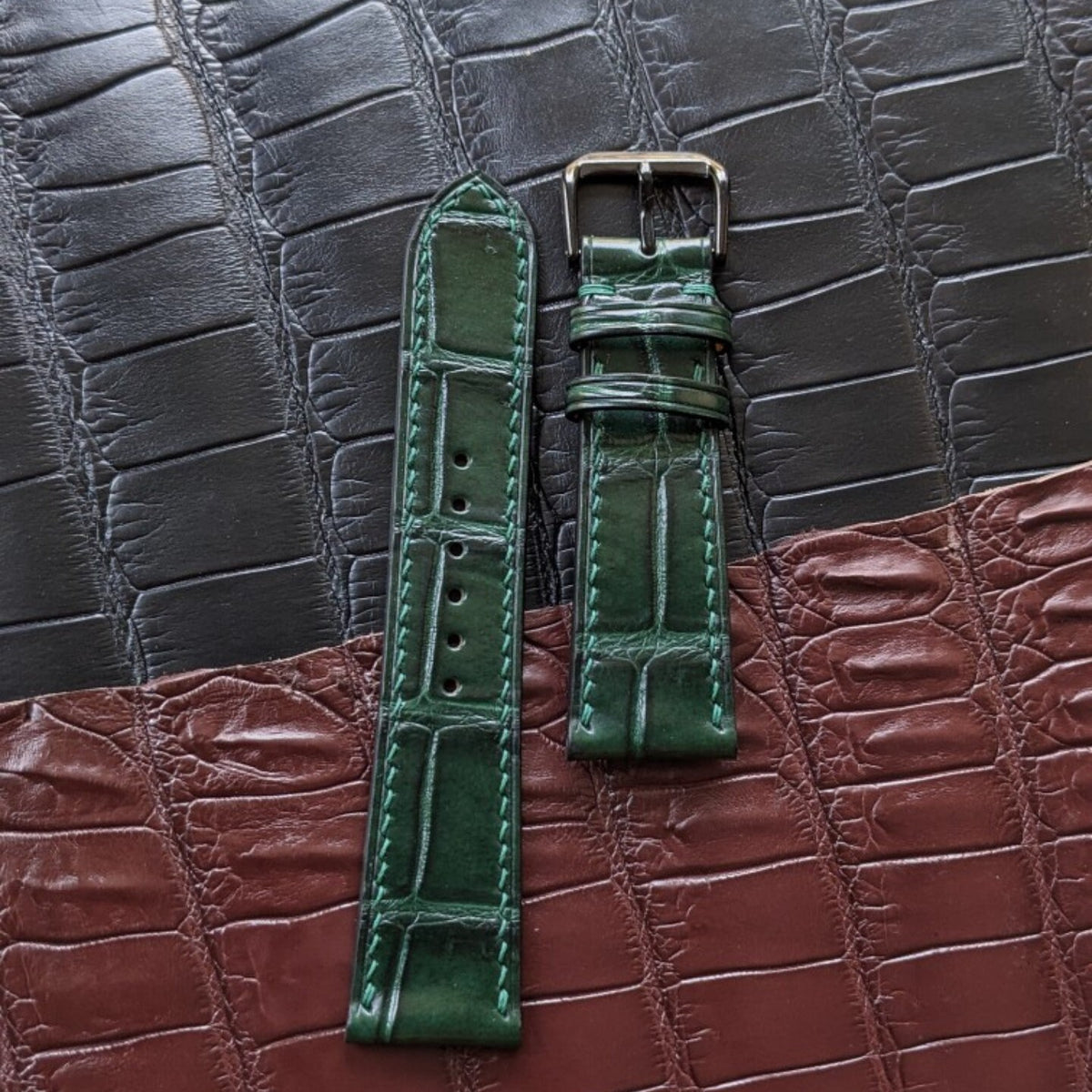 Green Alligator Leather Watch Strap – Handmade, 16–24mm