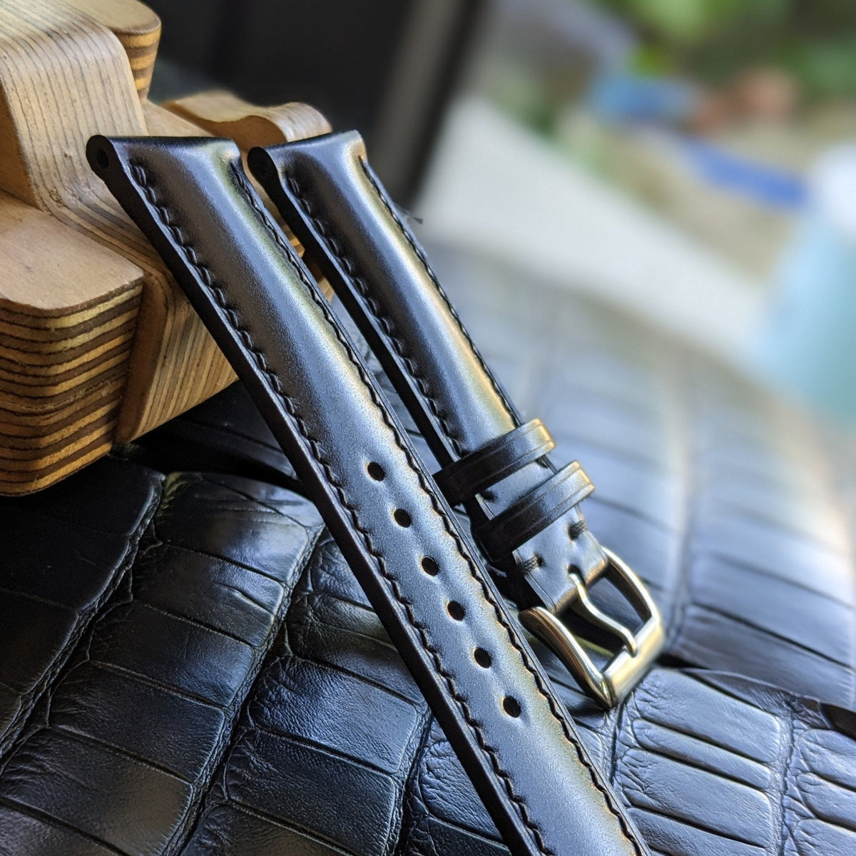 Handmade Black Shell Cordovan Watch Strap | Shinki Hakiku Leather | Custom Watch Band 18mm 20mm 22mm 24mm