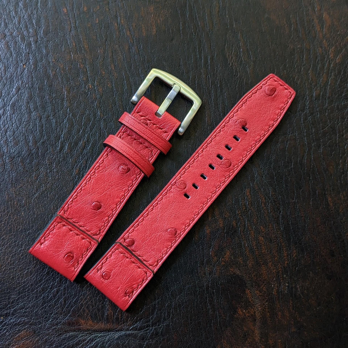 Red Ostrich Leather Watch Strap: Handmade Band (18mm-24mm)