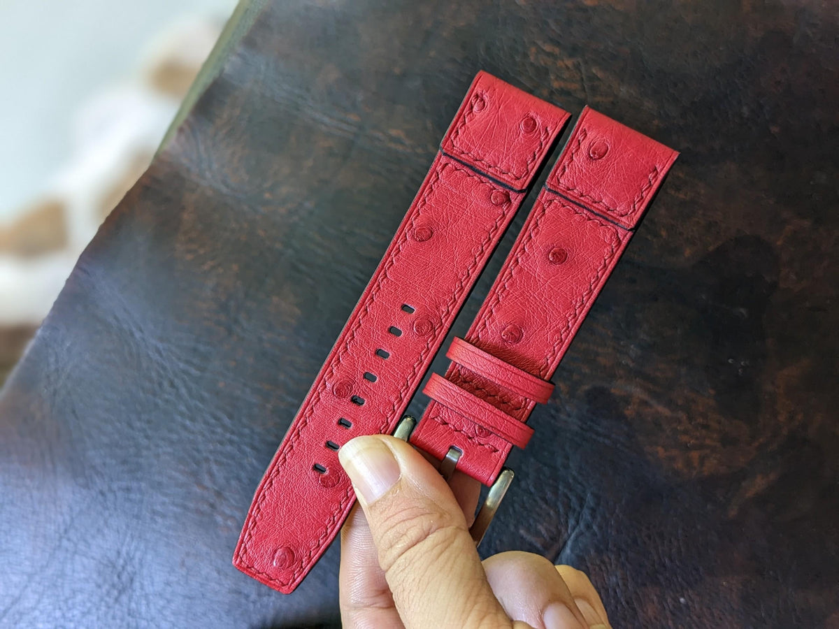 Red Ostrich Leather Watch Strap: Handmade Band (18mm-24mm)