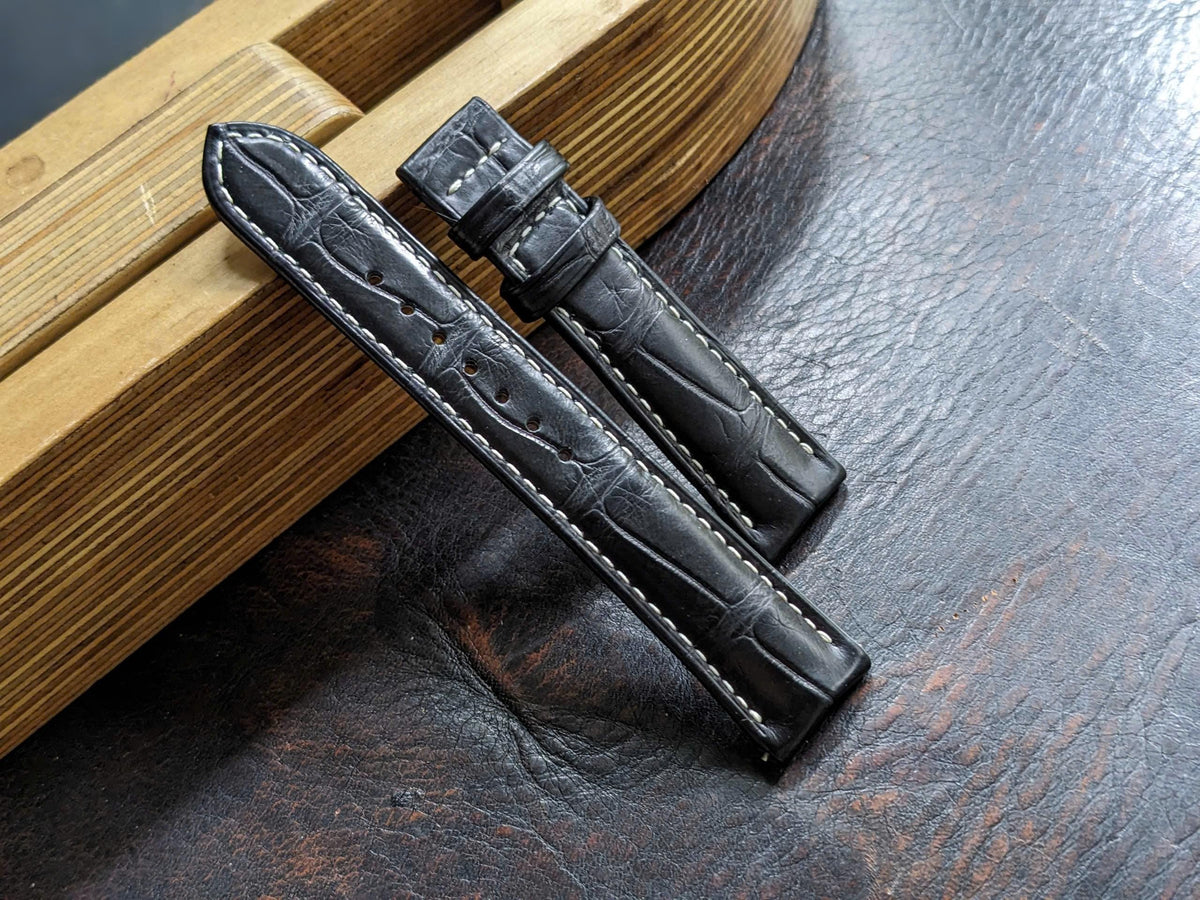 Black Alligator Leather Watch Strap – Rolled Edge Curved Lug | 18mm to 24mm