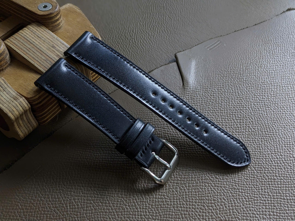 Shell Cordovan Watch Strap – Black Shinki Hakiku Handmade Leather Band
