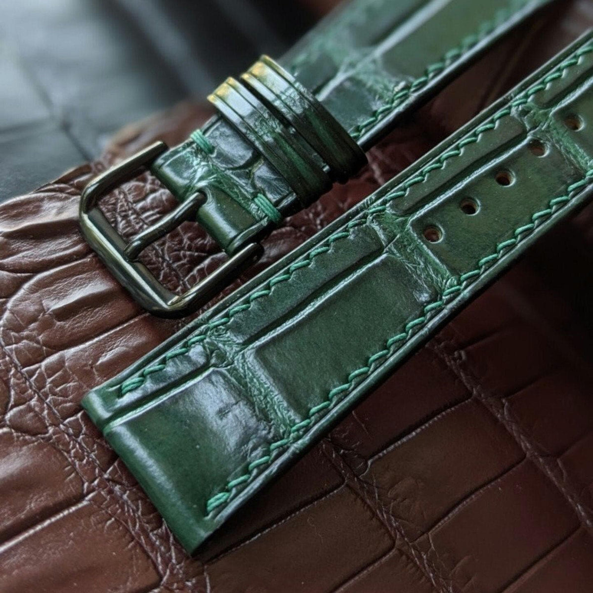 Green Alligator Leather Watch Strap – Handmade, 16–24mm
