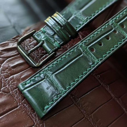 Green Alligator Leather Watch Strap – Handmade, 16–24mm