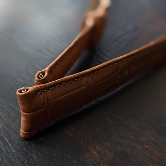 Curved Lug Rolled Edge Alligator Watch Strap | Tan Brown Handcrafted Leather Band