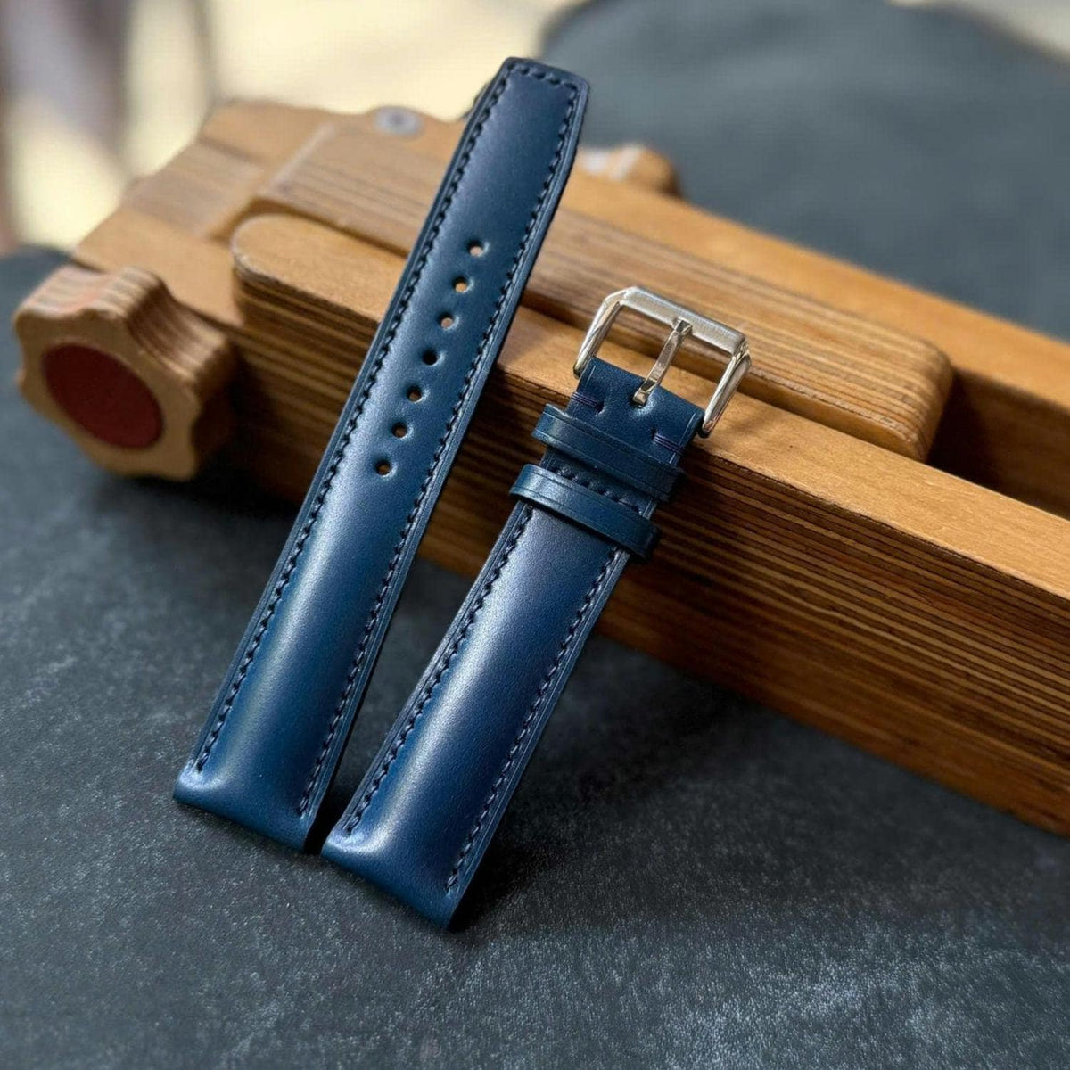 Shell Cordovan Watch Strap – Blue Handmade Leather Band