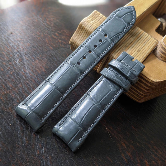 Rolled Edge Alligator Watch Strap | Grey Handcrafted Leather Band