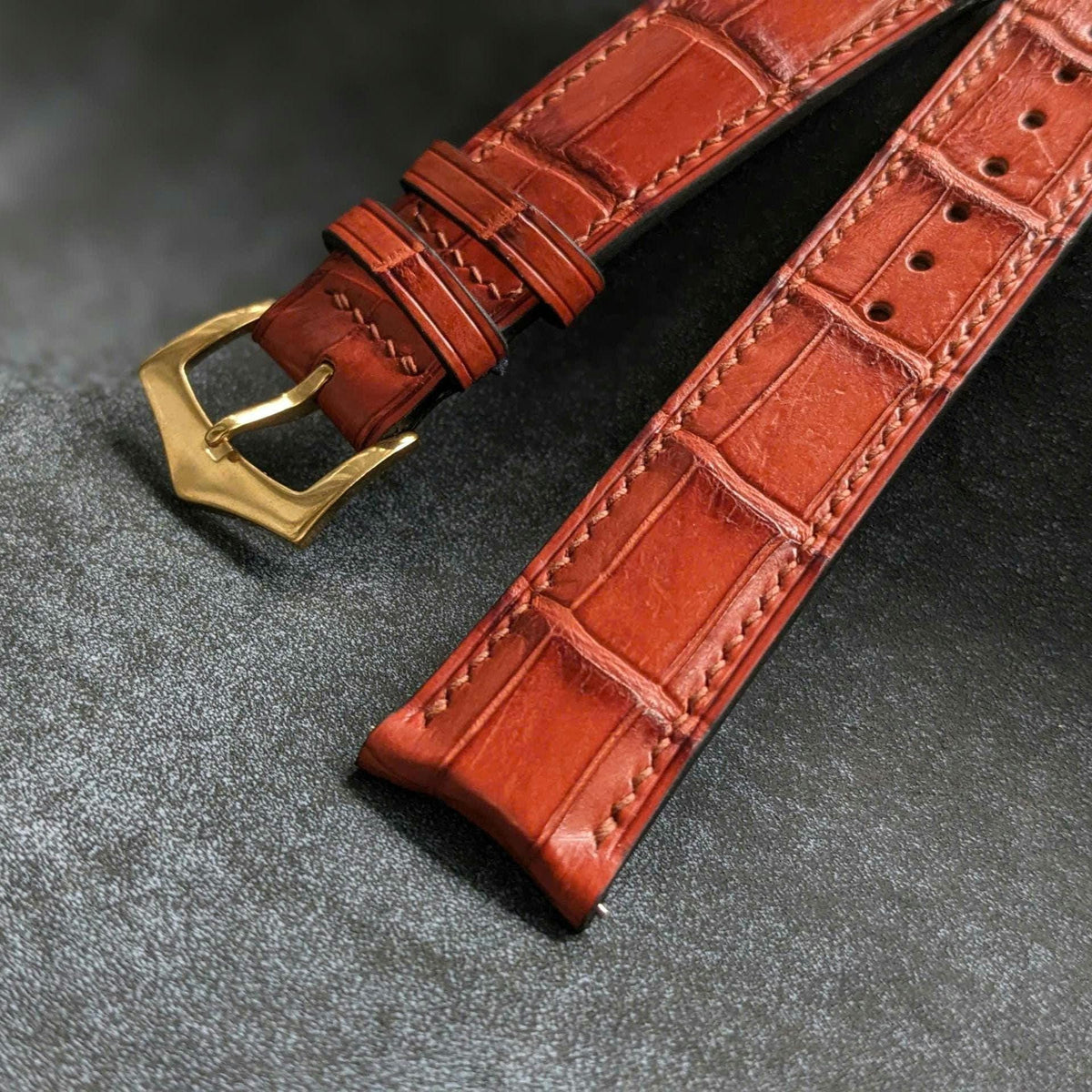 Curved End Alligator Watch Strap | Cognac Handcrafted Leather Band