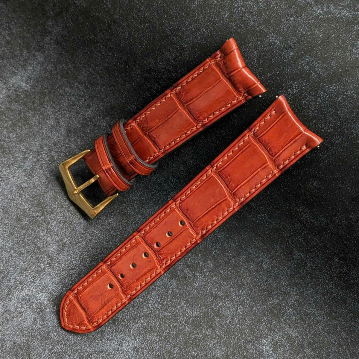 Curved End Alligator Watch Strap | Cognac Handcrafted Leather Band