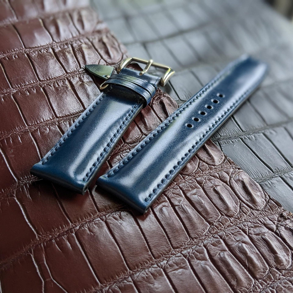 Shell Cordovan Watch Strap – Blue Handmade Leather Band
