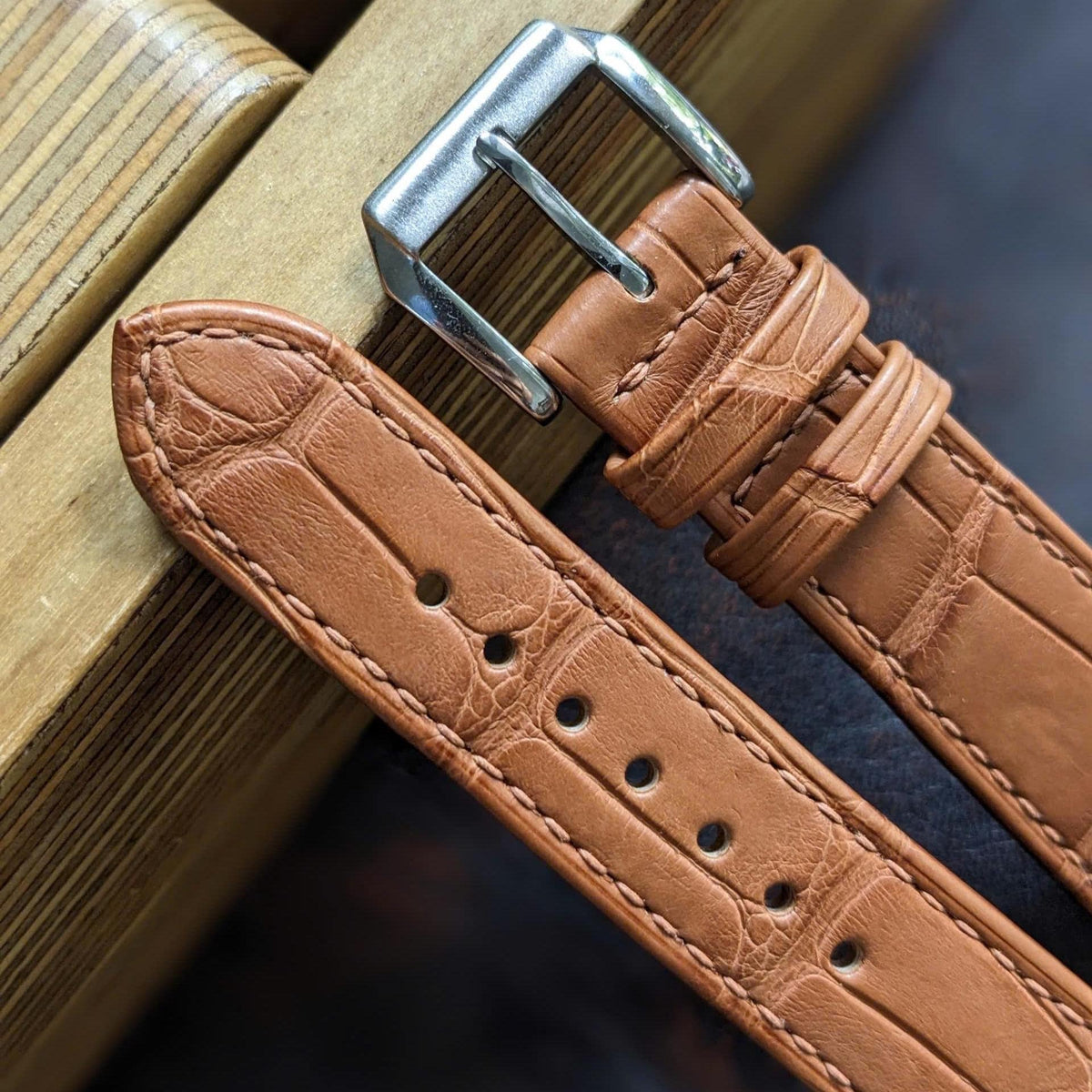 Rolled Edge Brown Alligator Leather Watch Strap size 18mm-24mm