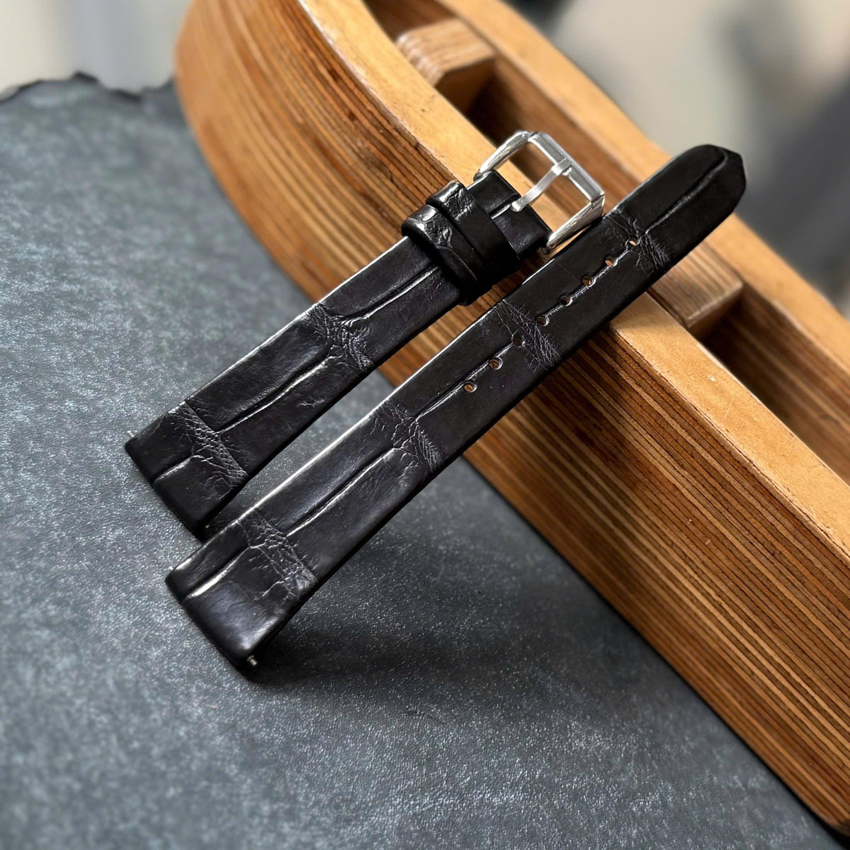 Rolled Edge Black Alligator Leather Watch Strap size 18mm-24mm