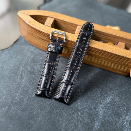 Black Alligator Leather Watch Strap – Handmade, 16–24mm