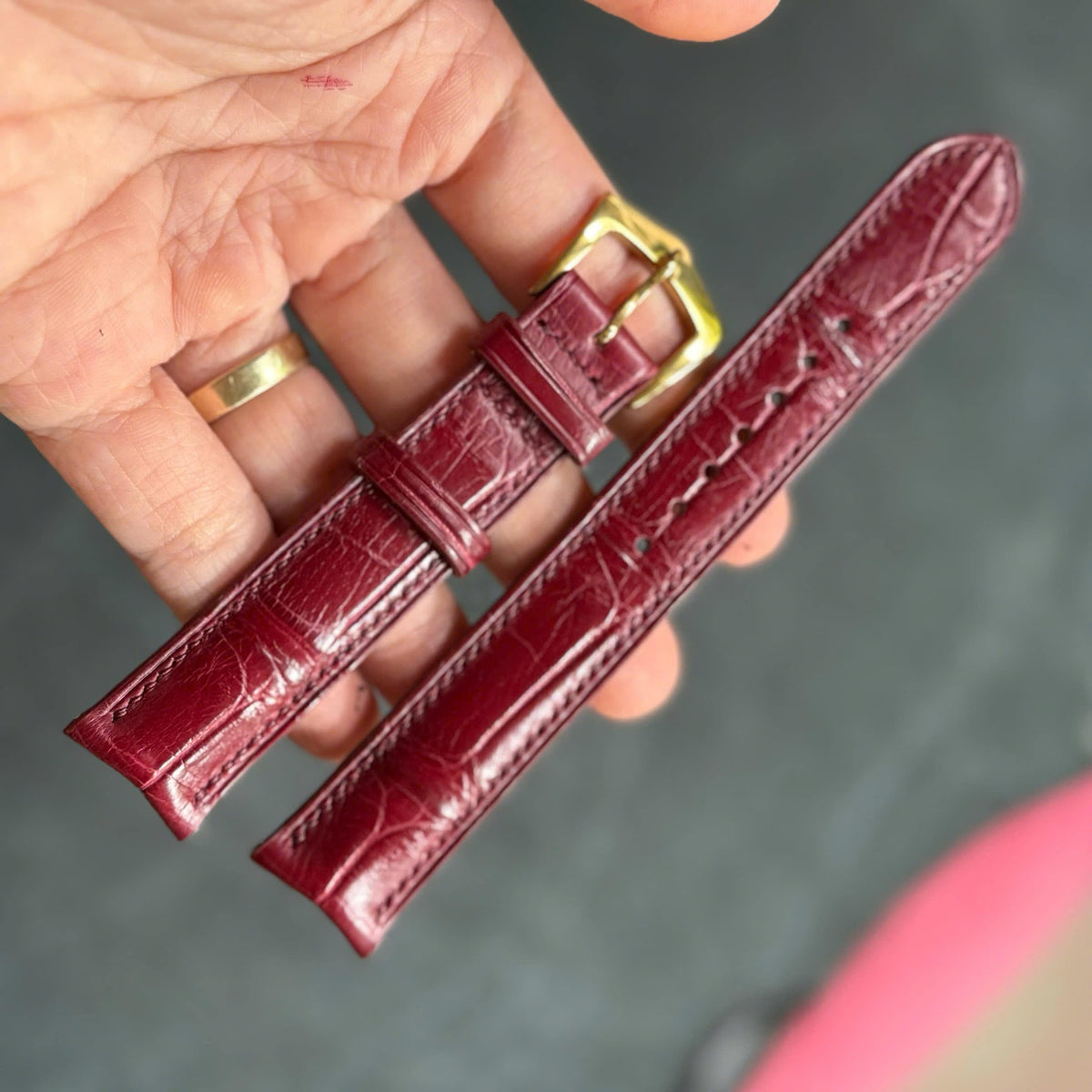 Curved Red Alligator Leather Watch Strap Personalized Handmade Band size 18mm-24mm