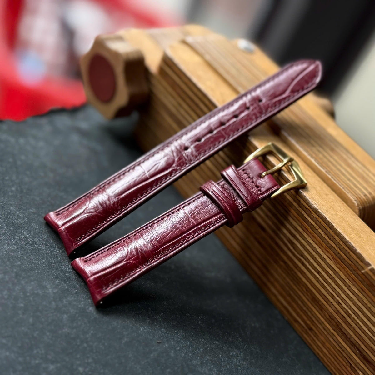 Curved Red Alligator Leather Watch Strap Personalized Handmade Band size 18mm-24mm