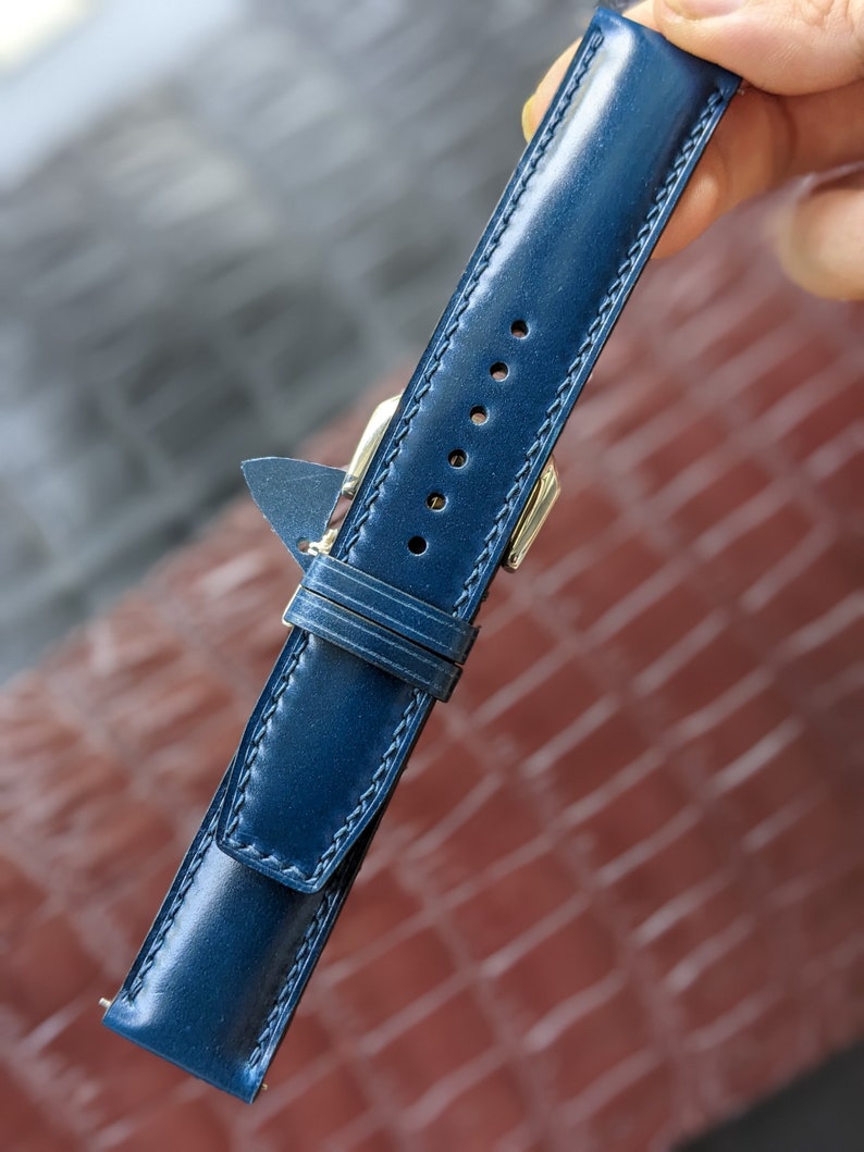 Handmade blue Shell Cordovan leather watch strap